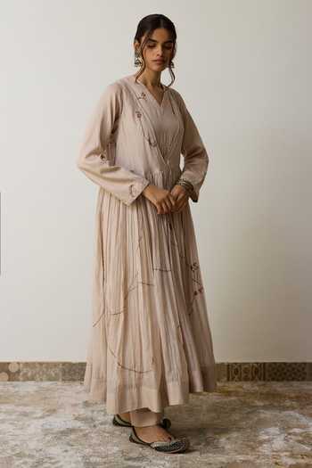 Buy_Rhua_Beige Handloom Cotton V-neck, Yes Sira Angarkha Pant Set _Online_at_Aza_Fashions