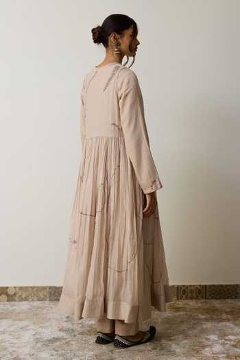 Shop_Rhua_Beige Handloom Cotton V-neck, Yes Sira Angarkha Pant Set _Online_at_Aza_Fashions