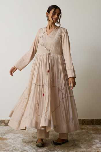 Rhua_Beige Handloom Cotton V-neck, Yes Sira Angarkha Pant Set _at_Aza_Fashions