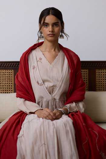 Buy_Rhua_Beige Handloom Cotton V-neck, Yes Sira Angarkha Pant Set 