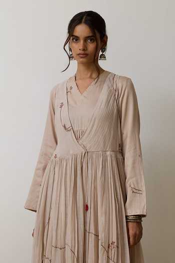 Shop_Rhua_Beige Handloom Cotton V-neck, Yes Sira Angarkha Pant Set 