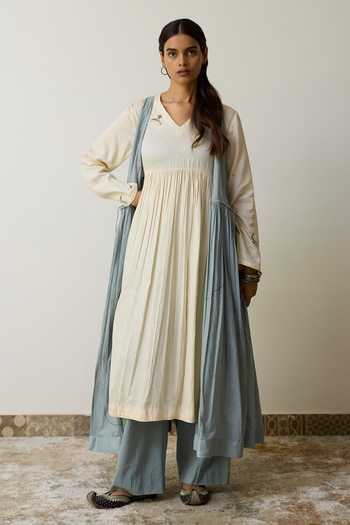 Rhua_Blue Handloom Cotton V-neck Tavi Angarkha And Anarkali Set _Online_at_Aza_Fashions