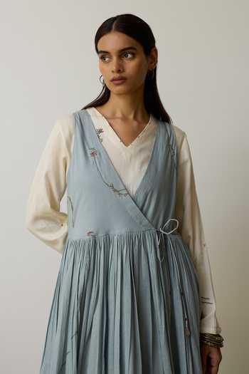 Shop_Rhua_Blue Handloom Cotton V-neck Tavi Angarkha And Anarkali Set _Online_at_Aza_Fashions
