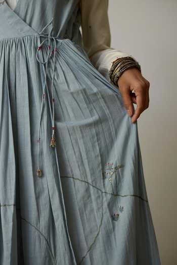 Rhua_Blue Handloom Cotton V-neck Tavi Angarkha And Anarkali Set _at_Aza_Fashions