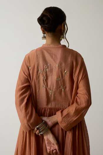 Shop_Rhua_Brown Handloom Cotton Mandarin Collar Reya Kurta And Pant Set _Online_at_Aza_Fashions