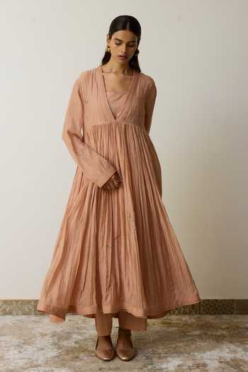 Buy_Rhua_Pink Handloom Cotton V-neck Niva Anarkali Set _Online_at_Aza_Fashions