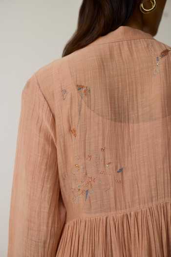 Shop_Rhua_Pink Handloom Cotton V-neck Niva Anarkali Set _Online_at_Aza_Fashions