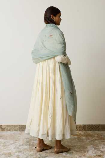 Rhua_Ivory Handloom Cotton V-neck Lina Anarkali Set _Online_at_Aza_Fashions