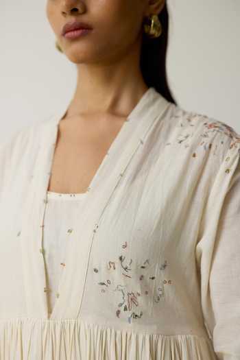 Buy_Rhua_Ivory Handloom Cotton V-neck Lina Anarkali Set _Online_at_Aza_Fashions