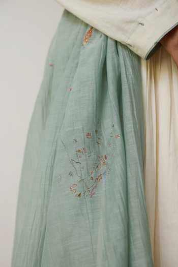 Rhua_Ivory Handloom Cotton V-neck Lina Anarkali Set _at_Aza_Fashions