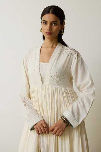 Shop_Rhua_Ivory Handloom Cotton V-neck Lina Anarkali Set 