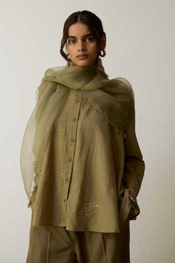 Rhua_Olive Green Handloom Cotton Round Neck Tesa Top And Pant Set _Online_at_Aza_Fashions