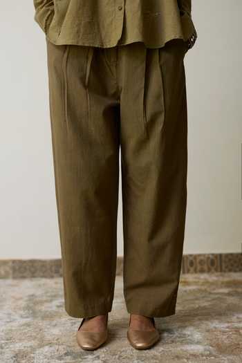 Buy_Rhua_Olive Green Handloom Cotton Round Neck Tesa Top And Pant Set _Online_at_Aza_Fashions