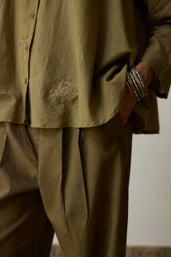 Shop_Rhua_Olive Green Handloom Cotton Round Neck Tesa Top And Pant Set _Online_at_Aza_Fashions