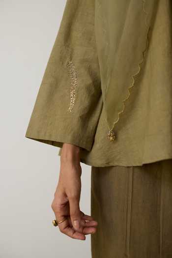 Rhua_Olive Green Handloom Cotton Tassels Round Neck Tesa Pant Set _Online_at_Aza_Fashions