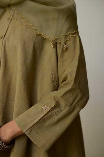 Buy_Rhua_Olive Green Handloom Cotton Tassels Round Neck Tesa Pant Set _Online_at_Aza_Fashions