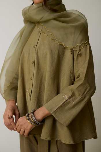 Shop_Rhua_Olive Green Handloom Cotton Tassels Round Neck Tesa Pant Set _Online_at_Aza_Fashions