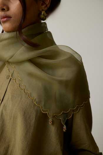 Rhua_Olive Green Handloom Cotton Tassels Round Neck Tesa Pant Set _at_Aza_Fashions