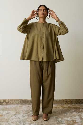 Shop_Rhua_Olive Green Handloom Cotton Tassels Round Neck Tesa Pant Set 