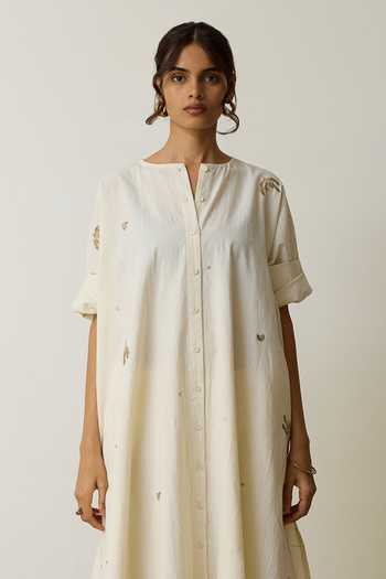 Rhua_Off White Handloom Cotton Mandarin Collar, Yes Irin Kurta And Palazzo Set _Online_at_Aza_Fashions