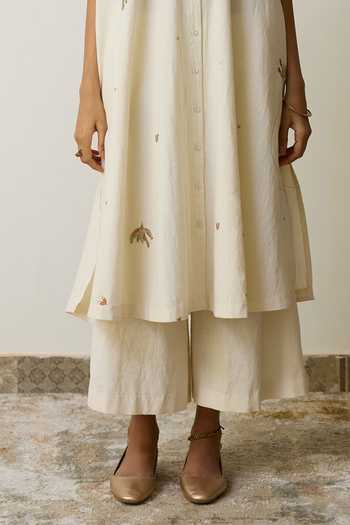 Buy_Rhua_Off White Handloom Cotton Mandarin Collar, Yes Irin Kurta And Palazzo Set _Online_at_Aza_Fashions