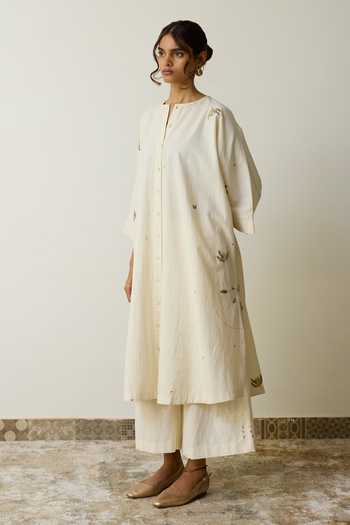 Shop_Rhua_Off White Handloom Cotton Mandarin Collar, Yes Irin Kurta And Palazzo Set _Online_at_Aza_Fashions