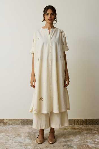 Rhua_Off White Handloom Cotton Mandarin Collar, Yes Irin Kurta And Palazzo Set _at_Aza_Fashions