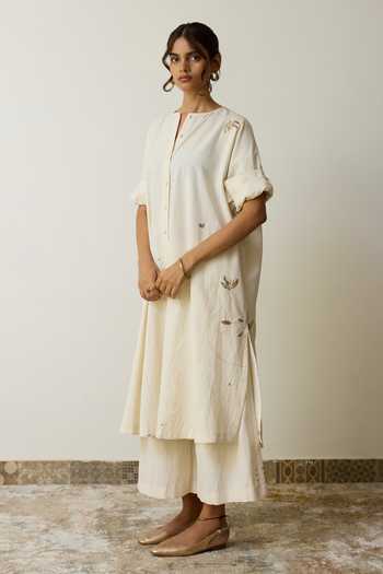 Shop_Rhua_White Handloom Cotton Round Neck Irin Kurta Palazzo Set 