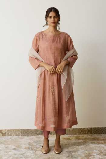 Buy_Rhua_Pink Handloom Cotton Dabka Work Boat Neck, Yes Nirvi Kurta Set 