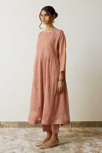Shop_Rhua_Pink Handloom Cotton Dabka Work Boat Neck, Yes Nirvi Kurta Set 