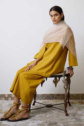 Shop_Rhua_Yellow Handloom Cotton V-neck Nera Angarkha And Pant Set 