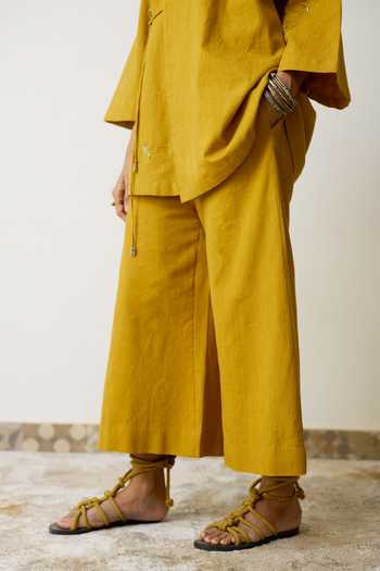 Buy_Rhua_Yellow Handloom Cotton, Organza Embroidery V-neck Nera Angarkha Set _Online_at_Aza_Fashions