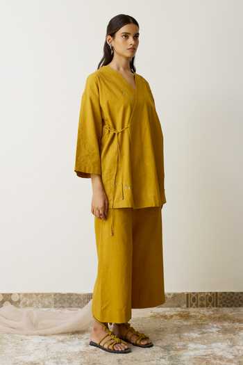 Shop_Rhua_Yellow Handloom Cotton, Organza Embroidery V-neck Nera Angarkha Set _Online_at_Aza_Fashions