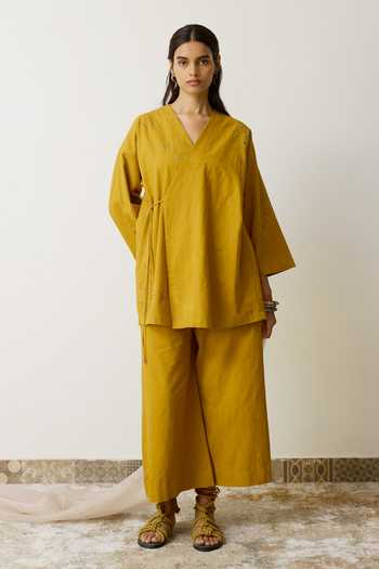 Rhua_Yellow Handloom Cotton, Organza Embroidery V-neck Nera Angarkha Set _at_Aza_Fashions