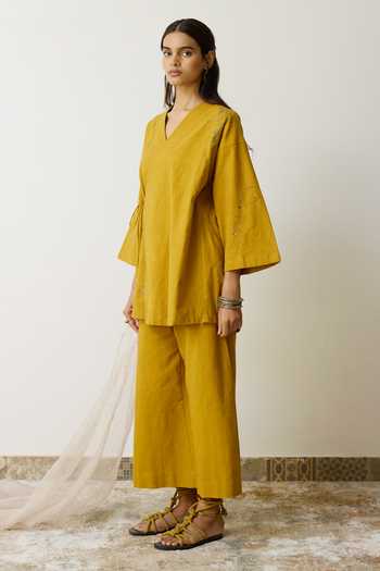 Shop_Rhua_Yellow Handloom Cotton, Organza Embroidery V-neck Nera Angarkha Set 