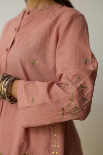 Rhua_Pink Handloom Cotton Round Neck Kavi Hand Embroidered Top And Skirt Set _Online_at_Aza_Fashions