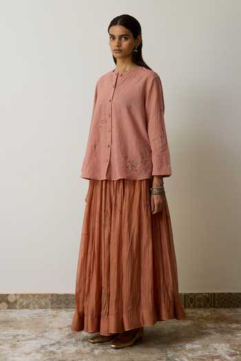 Buy_Rhua_Pink Handloom Cotton Round Neck Kavi Hand Embroidered Top And Skirt Set _Online_at_Aza_Fashions