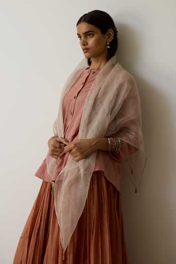 Rhua_Pink Handloom Cotton, Organza Embroidery Round Neck Kavi Skirt Set _Online_at_Aza_Fashions