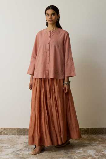 Buy_Rhua_Pink Handloom Cotton, Organza Embroidery Round Neck Kavi Skirt Set _Online_at_Aza_Fashions