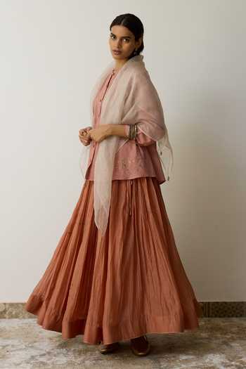 Shop_Rhua_Pink Handloom Cotton, Organza Embroidery Round Neck Kavi Skirt Set _Online_at_Aza_Fashions