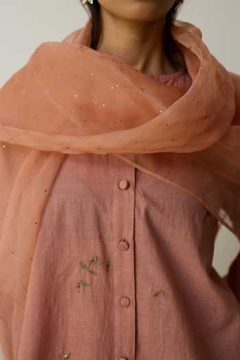 Rhua_Pink Handloom Cotton, Organza Embroidery Round Neck Kavi Skirt Set _at_Aza_Fashions
