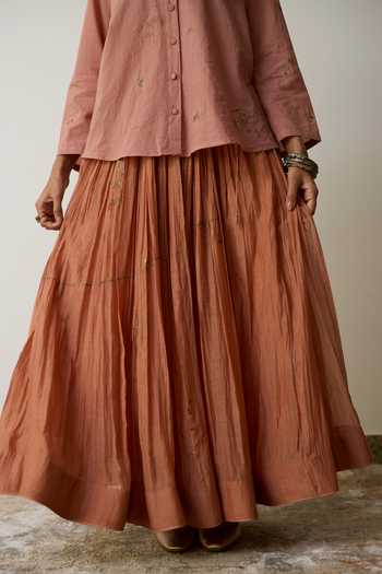 Buy_Rhua_Pink Handloom Cotton, Organza Embroidery Round Neck Kavi Skirt Set 