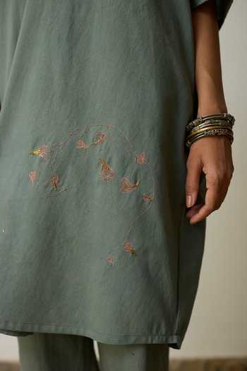 Buy_Rhua_Green Handloom Cotton V-neck, Yes Iti Kurta And Pant Set 