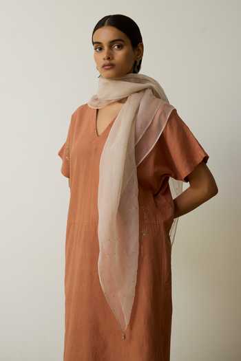 Rhua_Brown Handloom Cotton Embroidery V-neck, Yes Keya Kurta Set _Online_at_Aza_Fashions