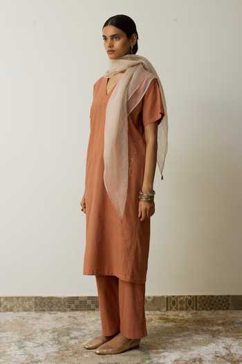 Shop_Rhua_Brown Handloom Cotton Embroidery V-neck, Yes Keya Kurta Set _Online_at_Aza_Fashions