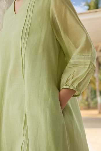 Vaayu_Green Cotton, Muslin V-neck Lime Pintuck Applique Work Dress _Online_at_Aza_Fashions
