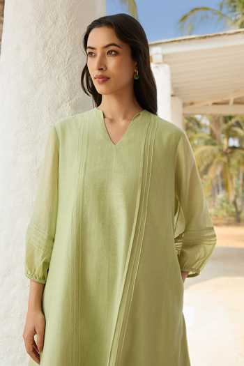 Shop_Vaayu_Green Cotton, Muslin V-neck Lime Pintuck Applique Work Dress _Online_at_Aza_Fashions