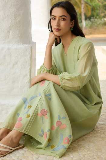 Buy_Vaayu_Green Cotton, Muslin V-neck Lime Pintuck Applique Work Dress 