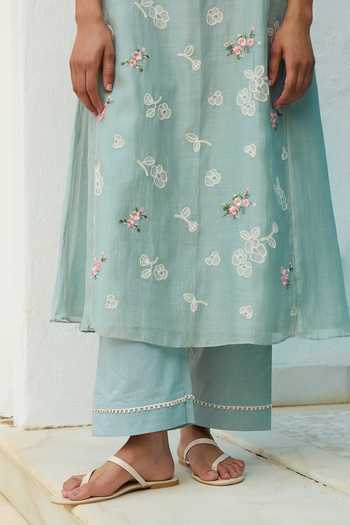 Shop_Vaayu_Blue Cotton, Muslin V-neck Sky Thread Embroidered Kurta And Pant Set _Online_at_Aza_Fashions