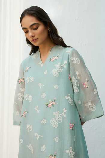 Buy_Vaayu_Blue Cotton, Muslin V-neck Sky Thread Embroidered Dress _Online_at_Aza_Fashions